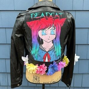 🖤♥️🖤Small Vinyl bomber jacket coat DeadCat anime embellishment black flower